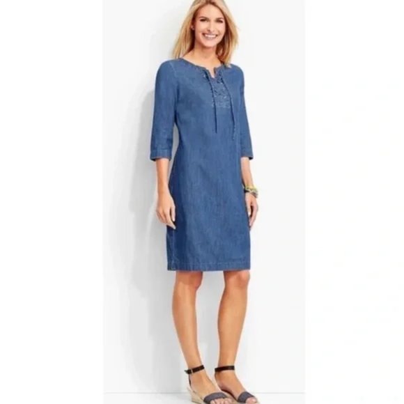 Talbots Blue Denim Jean Shift 1/2 Sleeves Lace Up Front Knee Length Dress Sz 16 - Picture 1 of 5
